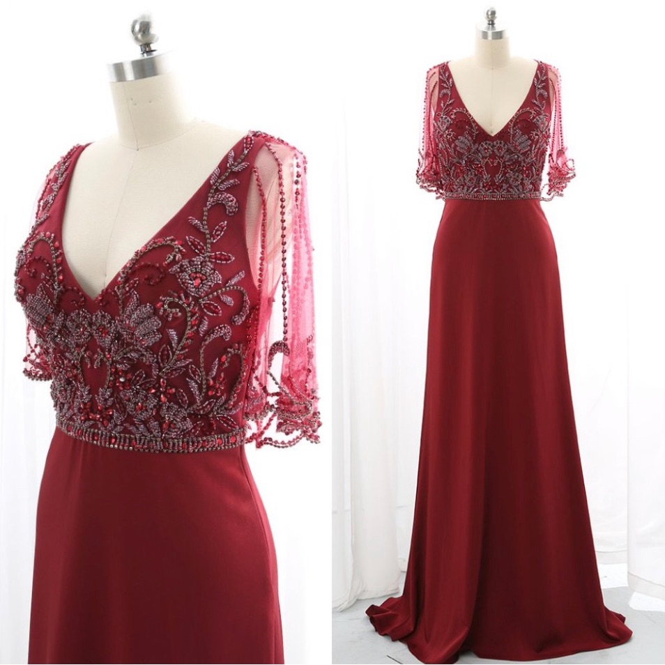 Size M(6) Red Beaded Cape Gown
